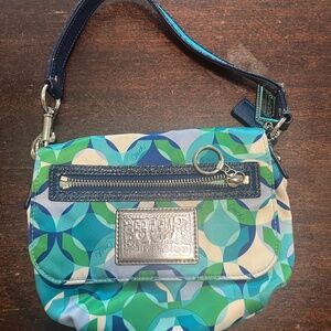Coach Poppy Wristlet Signature Kaleidoscope Blue Green Satin Top Handle Handbag